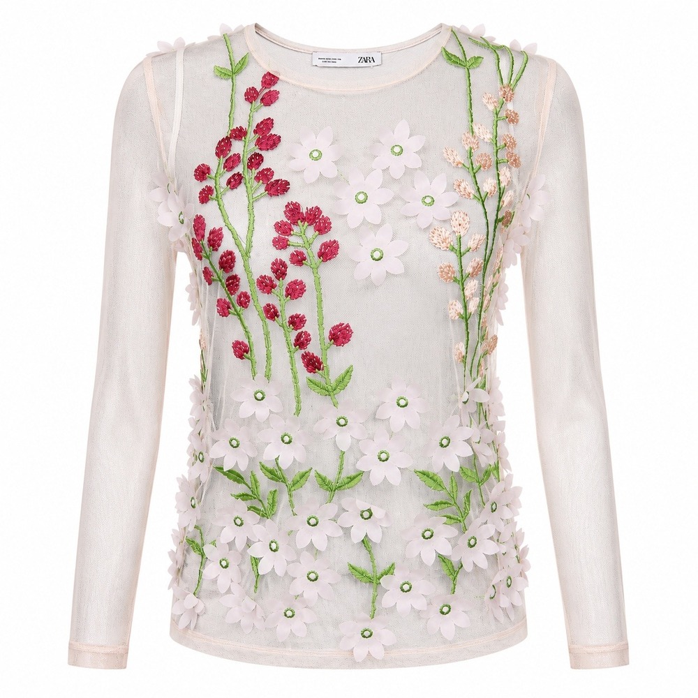 Zara Floral Applique Mesh Top S Sheer 3D Flowers Embroidered Boho Festival Fairy